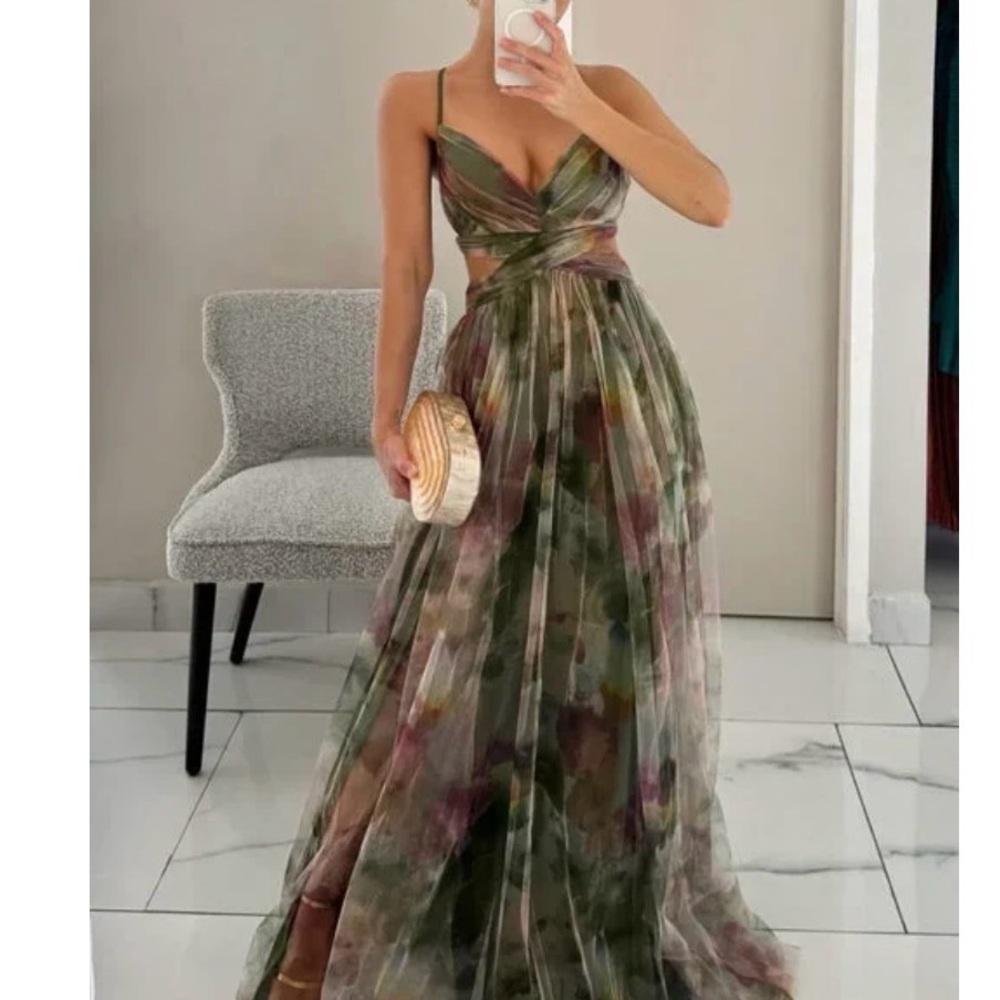 Elegant Floral Maxi Dress in Green and Purple